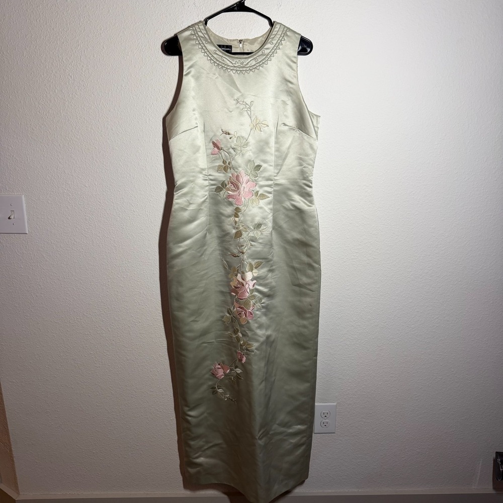 Donna Morgan Sheath Maxi Dressâ Womens 14 Green Embroidered Floral Sleeveless